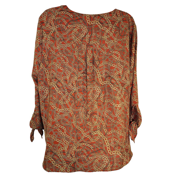 Michael Kors Top Women Size XL Orange Gold Chain Link Logo 3/4 Tie Sleeve V Neck - Picture 2 of 9